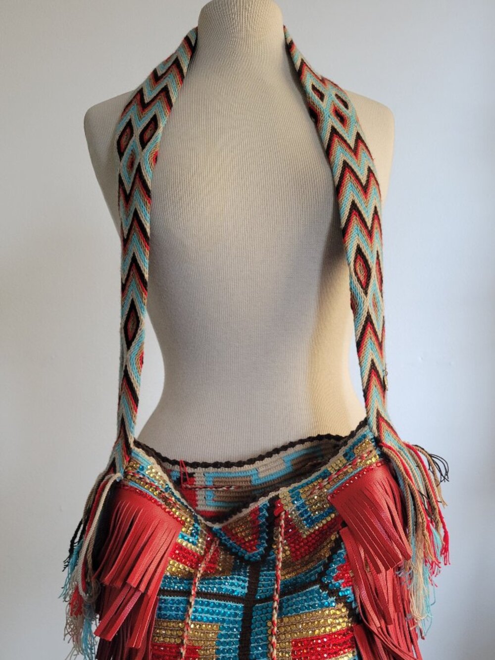 Colorful Wayuu Mochila Shoulder Bag | Hand-Crocheted | Geometric | Fringe | Stat
